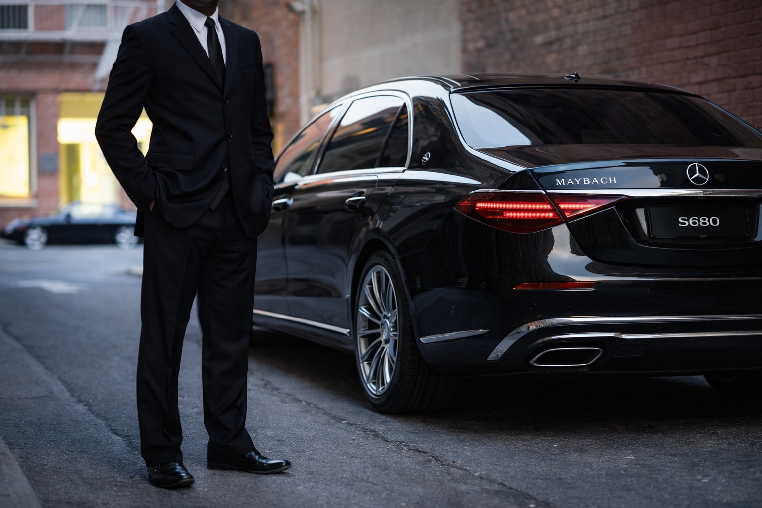 Véhicule de luxe sombre pour chauffeur privé Lyon, extérieur, plan large