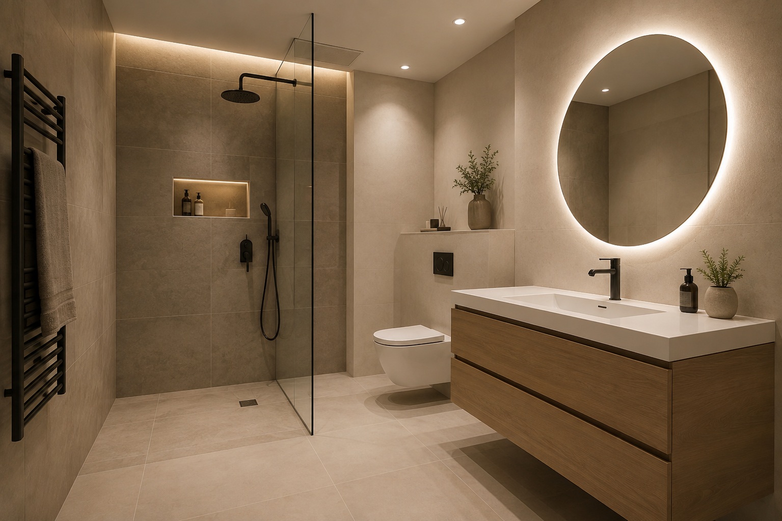 Salle de bain rénovée avec douche italienne dans un appartement genevois